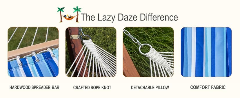 Lazy Daze Hammocks 12 FT Quilted Fabric Double Hammock with Spreader Bars and Detachable Pillow, 450 LBS Weight Capacity, Mixed Blue Stripes