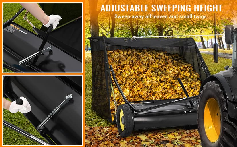 Tow Behind Lawn Sweeper, 44" Pull Behind Lawn Sweeper, Large Capacity Leaf & Grass Collector with Adjustable Sweeping Height and Dumping Rope Design for Picking Up Grass and Debris