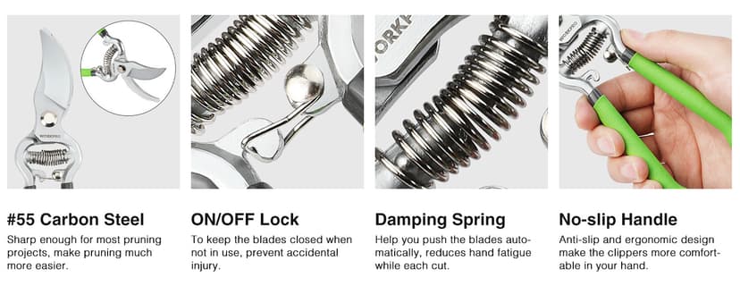 WORKPRO 2-Piece Pruning Shears and Garden Tool Belt Set, Gardening Belt with 5 Pockets and Adjustable Waist Belt, 8" Bypass Garden Shears and 8'' Handing Pruner with Steel Straight Blade