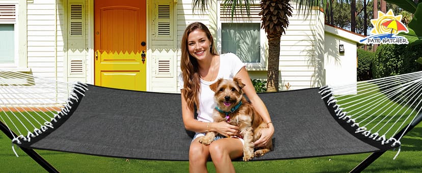 Patio Watcher 13 FT Quick Dry Olefin Hammock - Outdoor Double Hammock with Metal Curved Spreader Bars - 450 lbs Capacity - Dark Grey