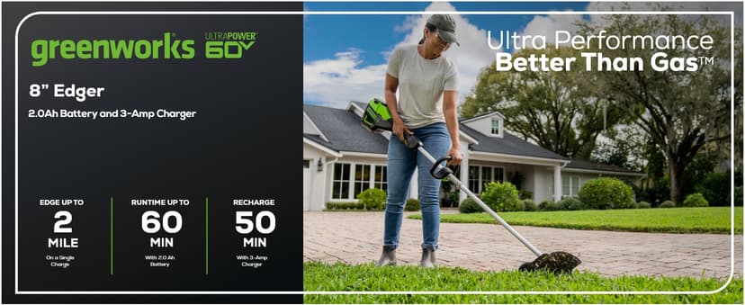 Greenworks 60V 8" Brushless Cordless Edger, 2.0 Ah Battery and Charger Included