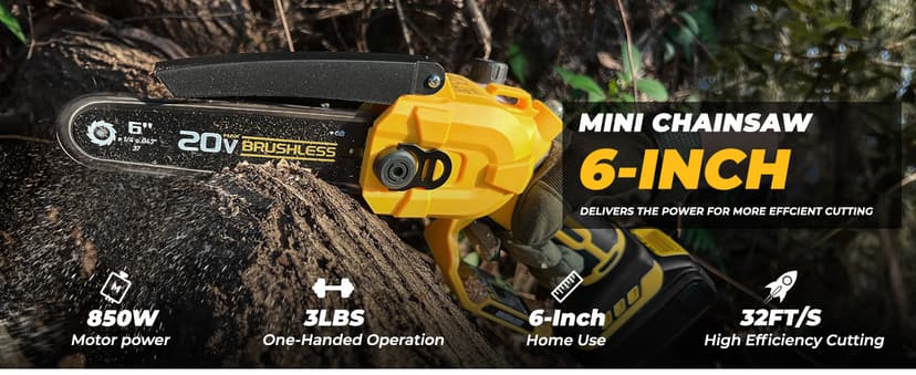 Cordless Mini chainsaw compatible with Dewalt Battery 20V MAX,Brushless Chainsaw With Automatic Chain Tensioning Device & Auto Oiler,Portable Power Chainsaw for Logging|Tree Trimming(Battery Included)