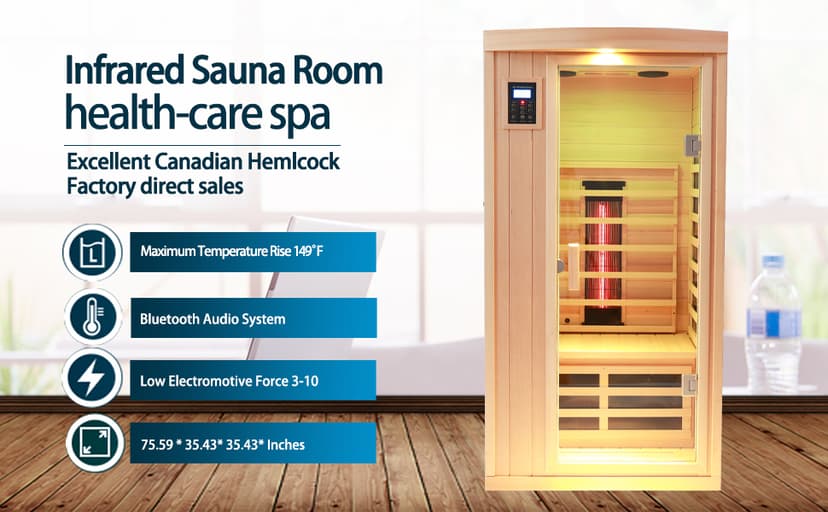 Ceramic 1 Person Infrared Sauna Far Infrared Saunas for Home Hemlock Wood Indoor Sauna Room 2 in 1 Sauna with Low EMF Heaters + Ceramic Heating Cube-Chromotherapy-Bluetooth Speaker