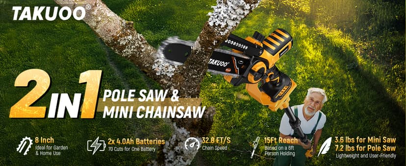 2-IN-1 Cordless 8 Inch Pole Saw & Mini Chainsaw, 21V 2×4.0Ah Battery Powered Polesaw, 15FT Max Reach, Brushless Electric Chain Saw with Extension Pole for Tree Branches Pruning, Wood Cutting