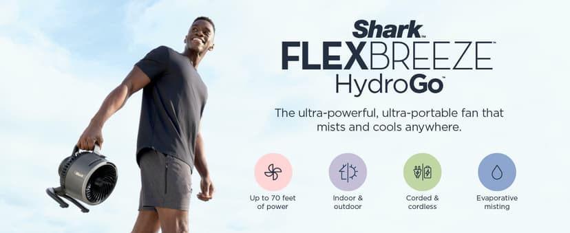 Shark FlexBreeze HydroGo Fan—Ultra-powerful portable fan with indoor + outdoor mist, Up to 70 feet of reach, corded & cordless, up to 12-hr. battery, 5 speeds, evaporative misting, Dove, FA052DV
