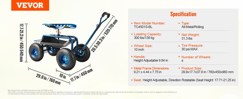 VEVOR Rolling Garden Work Seat with Wheels, Gardening Stool for Planting, 360 Degree Swivel Seat, Garden Scooter with Steering Handle & Tool Tray, Garden Chair for Outdoor, Patio and Yard, Blue