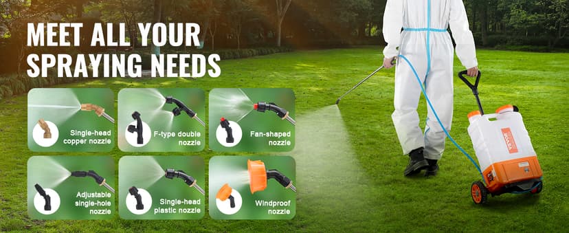 VEVOR 4 Gallon Battery Powered Backpack Sprayer with Wheeled Cart, Adjustable 0-94 PSI, 13FT Hose, 6 Nozzles, 2 Wands Included, Wide Mouth Lid for Weeding, Cleaning, Long Spray Time, White+Orange
