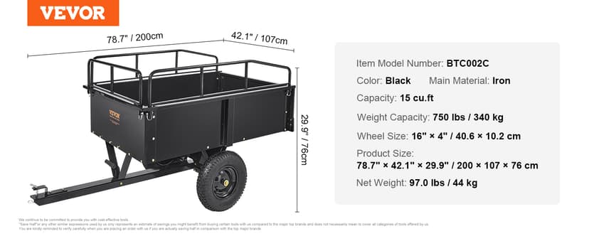 VEVOR Heavy Duty ATV Trailer Steel Dump Cart, 750-Pound 15 Cubic Feet, Garden Utility Trailer with Removable Sides for Riding Lawn Mower Tractor