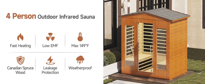 Real Relax Outdoor Infrared Sauna 4 Person for Home, Low EMF Far Infrared Sauna Spruce Wood Sauna with 10min Rapid preheating, Bluetooth, LCD Panel