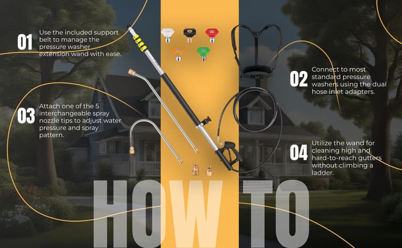 24 FT Telescoping Pressure Washer Wand Extension, Aluminum Power Washer Extension Wand with 7 Nozzle Tips, 3 Adapters & Support Harness, Gutter Cleaning Tools for 2 Story House