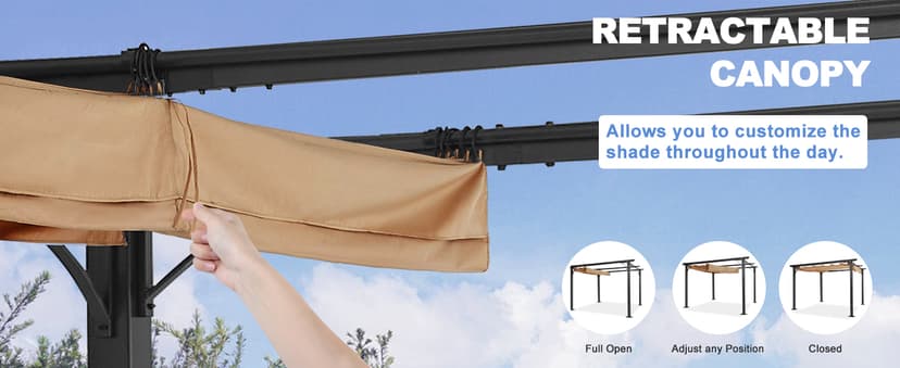 ABCCANOPY Patio Pergola 11x11 - Outdoor Sun Shade Canopy with Retractable Roof for Garden Porch Backyard (Gray)