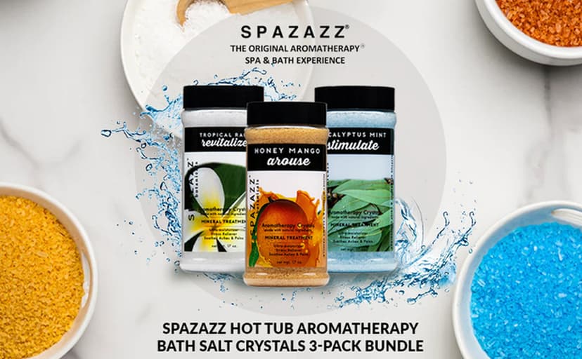 Spazazz Hot Tub Aromatherapy Bath Salt Crystals 3-Pack Bundle - Eucalyptus Mint Stimulate - Tropical Rain Revitalize - Honey Mango Arouse - Botanicals Collection Scents for Relaxing in Spas (17 oz)