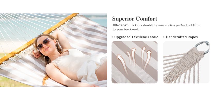 SUNCREAT Hammocks 14 FT Quick Dry Hammock Double Size with Spreader Bar, 2 Person Hammock for Outdoor Patio Yard Poolside, 450 lbs Capacity, Light Gray Stripes