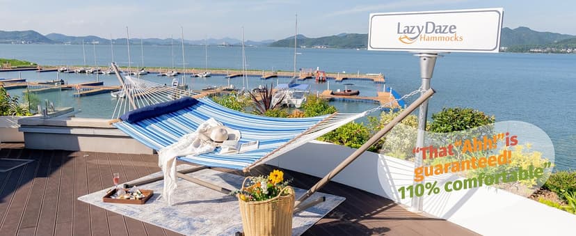 Lazy Daze Hammocks 12 FT Quilted Fabric Double Hammock with Spreader Bars and Detachable Pillow, 450 LBS Weight Capacity, Mixed Blue Stripes