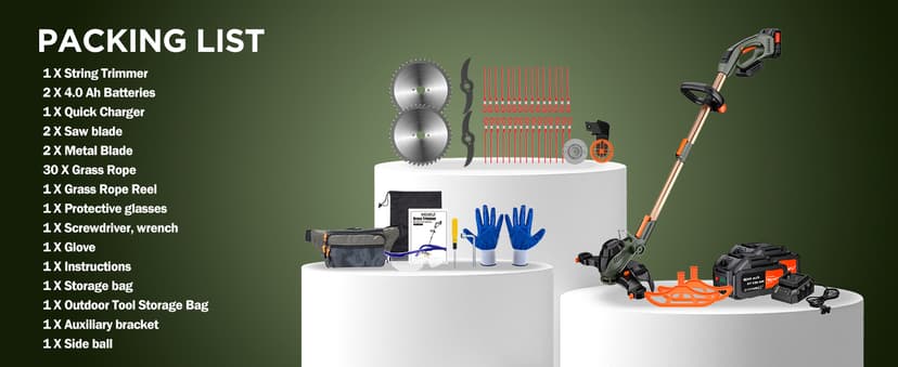 12-Inch Cordless String Trimmer & Edger, (2 x 21V 4.0Ah Electric Brush Cutter Battery Powered), with Auxiliary Bracket, Side Ball, 90° Rotary Head, Telescopic Handle, 3 Cutting Methods(WEG21T)