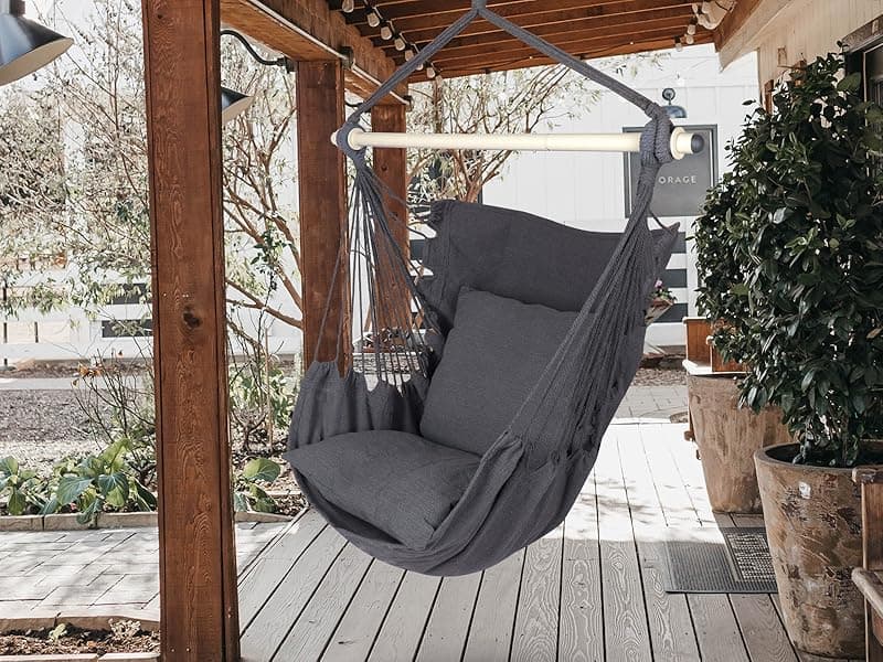 Highwild Hammock Chair Hanging Rope Swing - Max 500 Lbs - 2 Cushions Included - Steel Spreader Bar with Anti-Slip Rings - for Any Indoor or Outdoor Spaces (Grey)