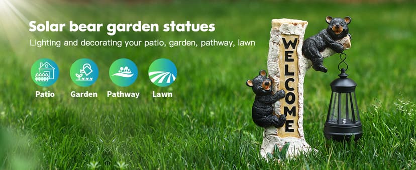 Json Garden Bear Statue with Solar LED Lantern, Gifts for Mom Yard Art, Whimsical Figurine Large Sculpture Lighted Outdoor Mother's Day Spring Decorations for Lawn, Porch