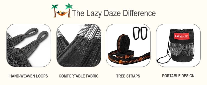 Lazy Daze Hammocks10.5 FT Handwoven Mayan Family Hammock with Portabl Carry Bag and for Outside Outdoor Patio Backyard Poolside, 550 LBS Weight Capacity,Gray