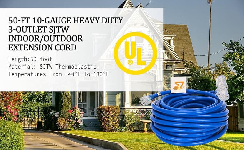 50ft 10-Gauge Heavy Duty 3-Outlet Indoor/Outdoor Extension Cord,Grounded 15-Amp Three-Prong Power-Cord with The End Light Up