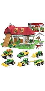 Oriate Kids Farm Toys Realistic Tractor Vehicle Playset, Diecast Car Set Educational Mini Farm Animals with Flatbed Trailer, Birthday Gift for Children 3 Year Old
