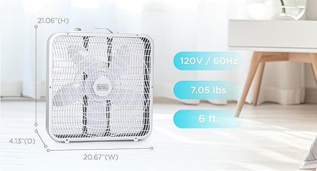BLACK+DECKER Box Fan with 3 Speed Settings, 20” Box Fan with Carrying Handle, Rotary Knob and Recessed Cord Storage, Portable Fan and Cooling Fan for Home, Office, Garage, Basement & More