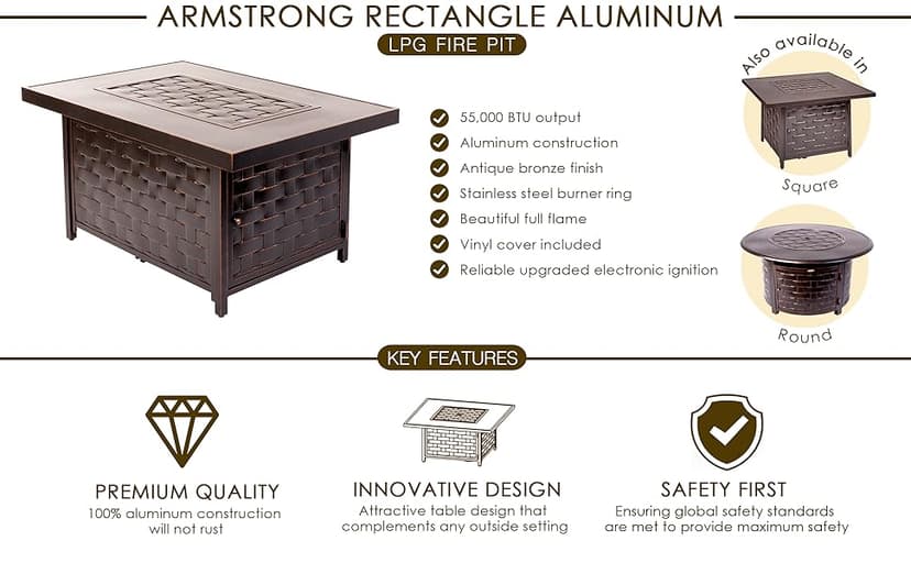 Fire Sense 62745 Armstrong Basketweave Aluminum Convertible Gas Fire Pit Table 55000 BTU Multi-Functional Outdoor Firepit with Fire Bowl Lid, Nylon Cover Clear Fire Glass Bronze Finish - Rectangular