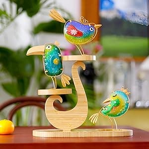 Funny Metal & Glass Bird Decor Set of 3 - Unique Colorful Indoor & Outdoor Garden Statues Whimsical Lawn Decorations Handmade Bird Sculptures Garden Decor for Outside