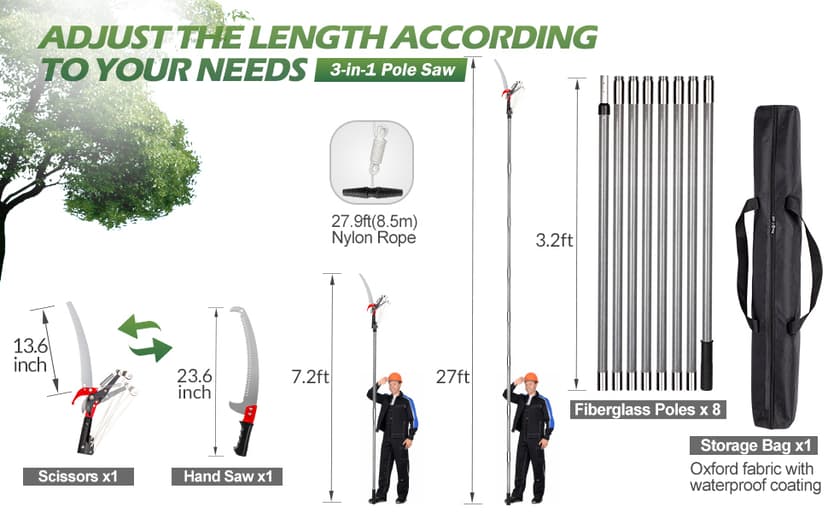 Walensee Pole Saws for Tree Trimming,7.2-27FT Extendable Tree Pruner,Manual Branch Timmer with Blade and Scissors High Branches Pruning Fiberglass Pole Pruner and Cutter Garden Tool with Storage Bag