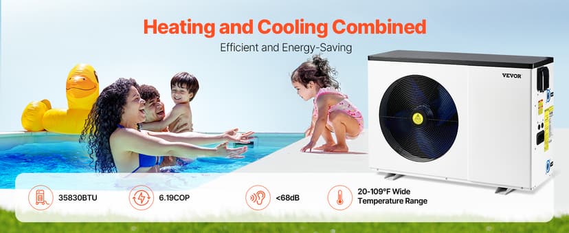 VEVOR Electric Pool Heat Pump, 35830 BTU, Pool Heaters for 6605-13209GAL Above and In Ground Pools, Low Noise, Heating and Cooling Highly Efficient & Energy-Saving Pool Water Heater AC208-230V 60Hz