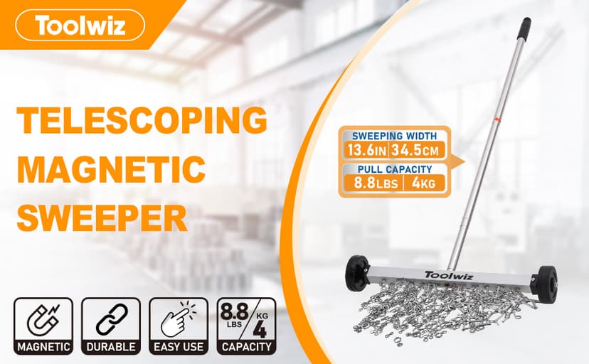 Toolwiz Magnetic Pick Up Sweeper 17-inch Heavy Duty Magnet Pickup Lawn Sweeper Roofing Tools, 8.8 Lbs Yard Tools with Telescoping Holder and Wheels to Clean Nails Adjustable Handle for Construction