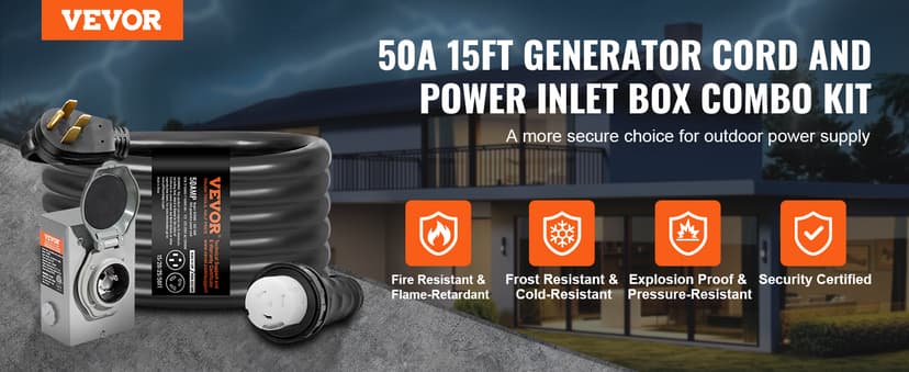 VEVOR 50 Amp Generator Cord and Power Inlet Box Kit, 15FT Generator Extension Cord NEMA 14-50P/SS2-50R STW 6/3+8/1 AWG with Twist Lock Connector, Pre-Drilled Inlet Box, ETL Listed
