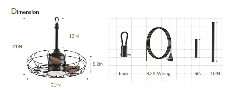 Orison Outdoor Ceiling Fans with Light, 21'' Wet Rated Outdoor Hanging Fan for Gazebo, Plug in Caged Lighting for Pergola Canopy, Hanging with Hook, 3 Color LED Light, Waterproof