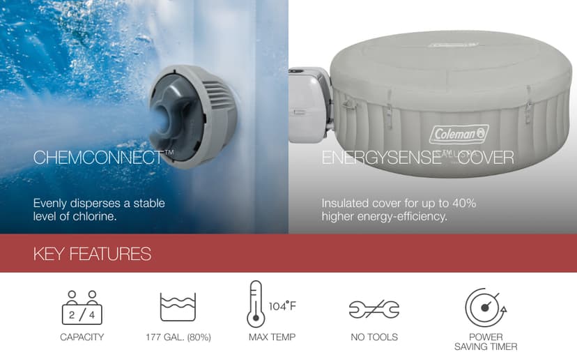 Coleman Tahiti EnergySense AirJet Inflatable Hot Tub Spa (71" x 26") | Portable Hot Tub with 2 Covers (1 Energy-Efficient Thermal Cover and 1 Standard Cover) | Fits Up to 2-4 Persons | Grey