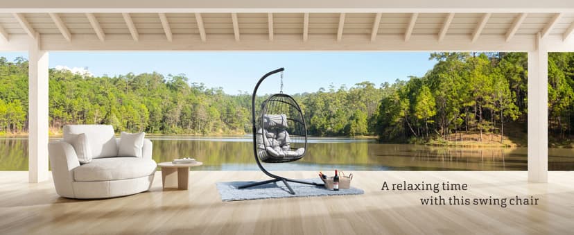 HWB Hanging Egg Chair with Stand, Patio Wicker Hammock Egg Swing Chair with Cushion for Bedroom Garden Indoor Outdoor (Grey)