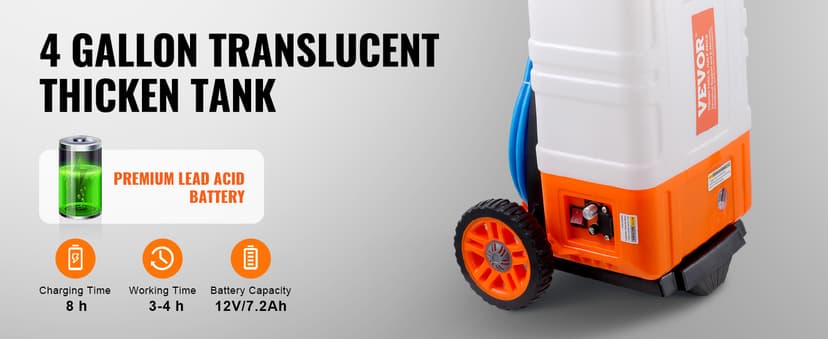 VEVOR 4 Gallon Battery Powered Backpack Sprayer with Wheeled Cart, Adjustable 0-94 PSI, 13FT Hose, 6 Nozzles, 2 Wands Included, Wide Mouth Lid for Weeding, Cleaning, Long Spray Time, White+Orange