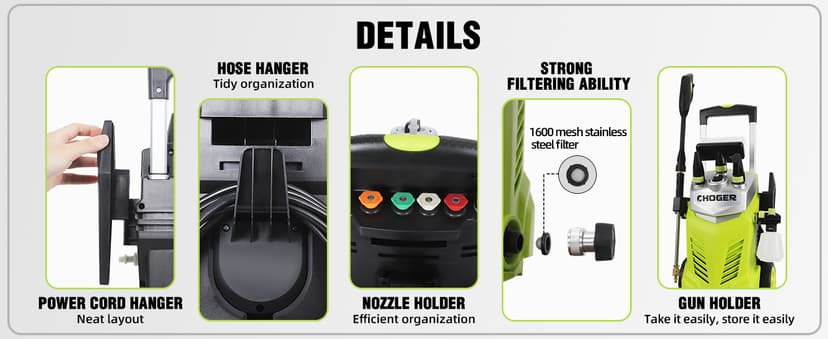 Electric Pressure Washer, 4500PSI 2.7GPM Electric Power Washer with Foam Cannon, 4 Nozzles, 35FT Power Cord, 25FT Hose, Turbo, Dirty Cut, Brush, Pressure Washer for Cars