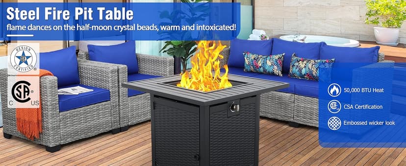 30 Inch Fire Tables 50000 BTU Outdoor Fire Pits for Outside Steel Gas Fire Table with Fire Pit Lid Grille Tabletop and Waterproof Cover and Blue Crystal Beads