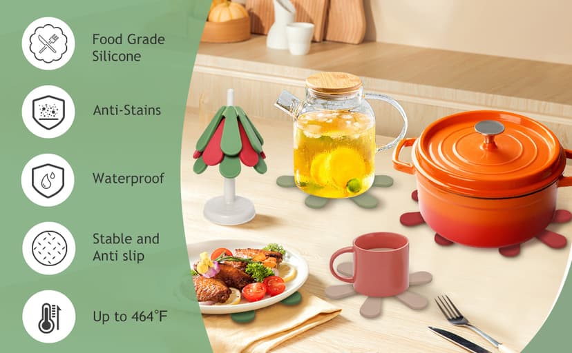 Silicone Trivets for Hot Dishes,Tree Shaped Trivets Set for Hot Pots and Pans, Tree Coasters/Tree Trivets,Hot Pads for Kitchen Decor and Accessories, 3 Pot Holders and 1 Stand (Christmas Round)