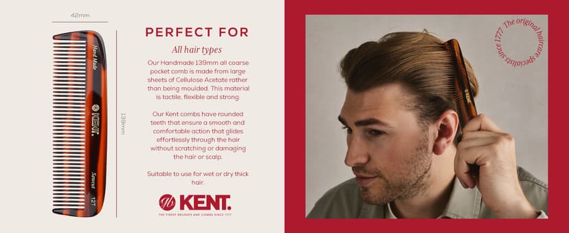 KENT 12T Wide Tooth Detangling Comb - 5.5" Handmade Pocket Comb for Thick, Curly, and Wavy Hair, Large Tooth Grooming Comb for Hair, Beard, and Mustache - Saw-Cut and Hand Polished