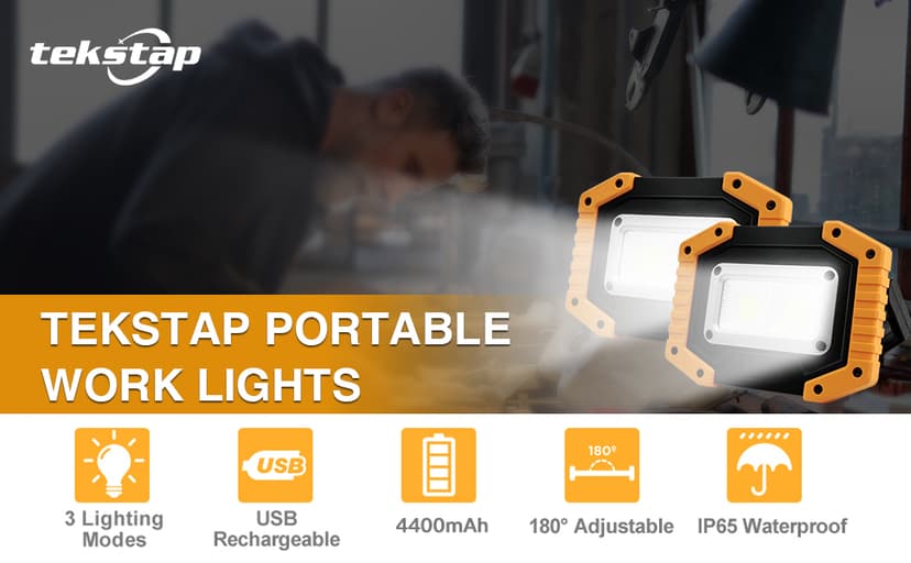 Tekstap LED Work Light Rechargeable, 30W 2000LM Portable Waterproof Rechargeable Work Lights with Stand, Battery Powered COB Flood Lights for Power Ouage Emergency Outdoor Camping Garage
