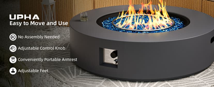 UPHA 42-inch Outdoor Propane Gas Fire Pit Table 50000 BTU Concrete Round FirePit for Outside Patio with Propane Tank Cover, Blue Glass Rocks, Rain Cover, Grey