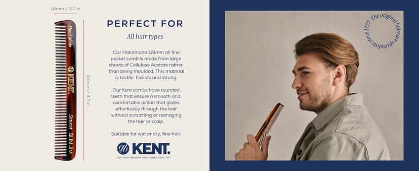 Kent Slim Jim Handmade All Fine Tooth Pocket Comb for Men, Hair Comb Straightener for Everyday Grooming Styling Hair, Mustache and Beard, Use Dry or with Balms, Saw Cut Hand Polished, Made in England