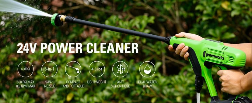 Greenworks 24V 600 PSI (0.8 GPM) Cordless Power Cleaner with (2) 2Ah Batteries, Charger, & Wash Glove, Green