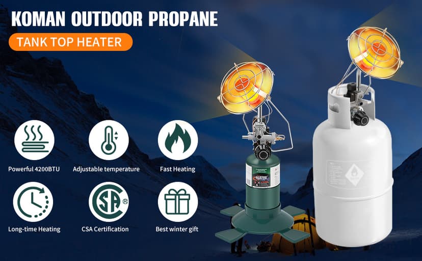 KOMAN Propane Heater for Tent, Camping & Patio - Portable Outdoor Heater with 1lb Propane Tank & 20-40lb POL Adapter, Safety Shut-off Valve & Tip-over Switch
