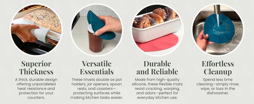 Larder & Vine Silicone Trivets for Hot Pots and Pans | Set of 4 Round Hot Pads for Kitchen | 7” & 9” Trivets for Hot Dishes | Heat-Resistant Silicone Mats for Kitchen Counter | Limoncello/French Gray