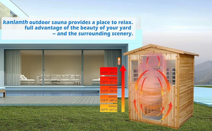 Outdoor Infrared Sauna 4 Person Far Infrared Saunas Low EMF Sauna Room for Home, 2050watt Canadian Hemlock Wooden Large Sauna with Blue-Tooth, 2 LCD Control, 4 Chromo Therapy Lighting