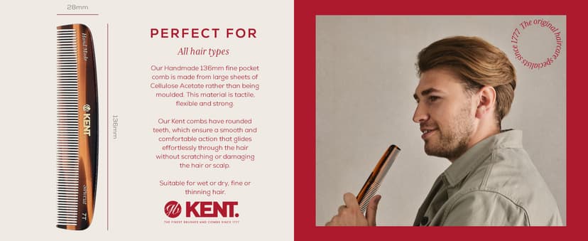 Kent 7T Handmade All Fine Tooth Pocket Comb for Men, Hair Comb Straightener for Everyday Grooming Styling Hair, Mustache and Beard, Use Dry or with Balms, Saw Cut and Hand Polished, Made in England
