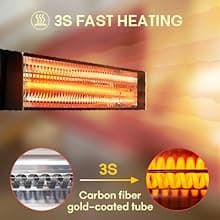 Electric Patio Heater with Remote Control - 1500W Carbon Infrared Outdoor Heaters for Patio, IP65 Waterproof, 2 Levels of Power - 120V Wall Mounted Space Heater for Bedrooms, Backyards, Garages, Black