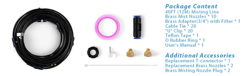 lifeegrn Misting Cooling System, Outdoor Misting System for Patio, 40 FT Misting Line+10 Mist Nozzles+3/4" Brass Adapter,Outdoor Mister System for Patio Garden Trampoline Greenhouse