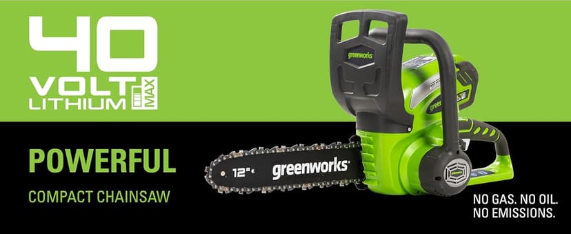 Greenworks 40V 12" Cordless Compact Chainsaw (Great For Storm Clean-Up, Pruning, and Camping), 2.0Ah Battery and Charger Included